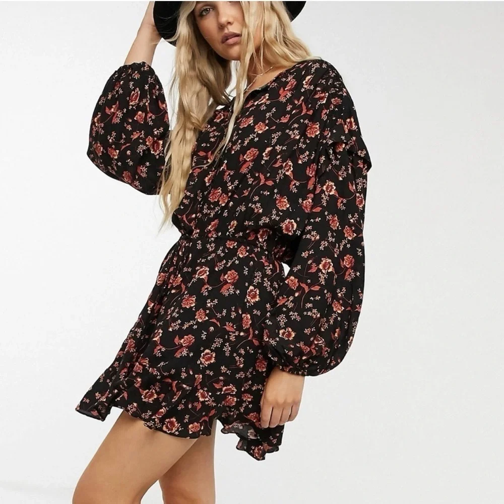 Free People Women’s Flower Fields Black Mini Dress Medium Fall Floral Oversized